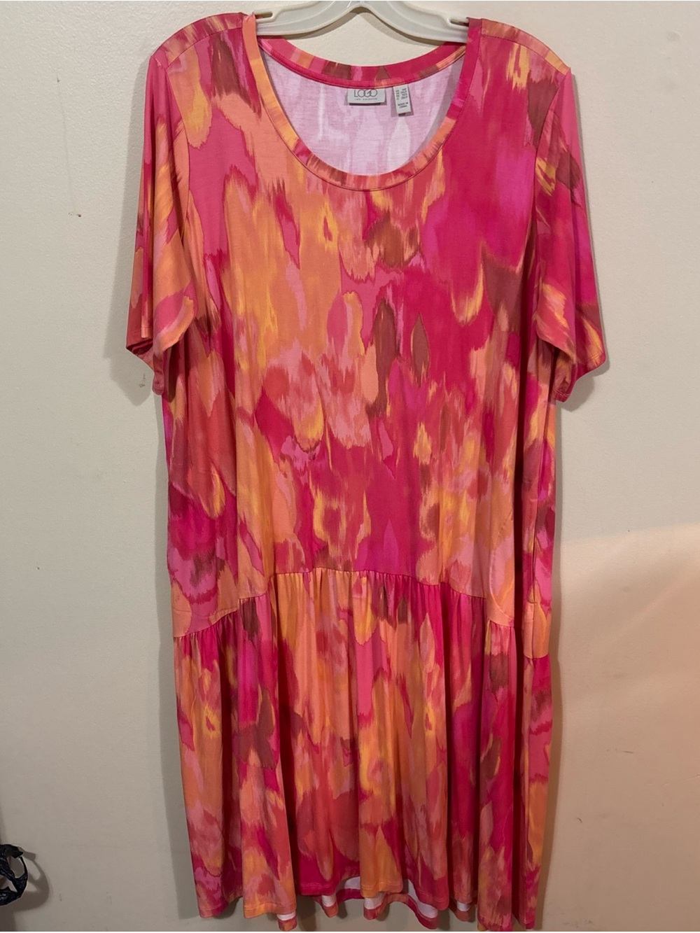 LOGO by Lori Goldstein Pink and Orange Watercolor Scoop Neck Dress